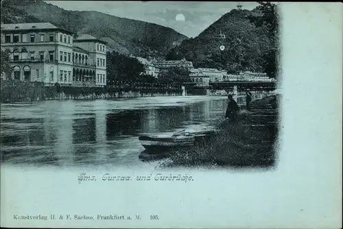 Mondschein Ak Bad Ems an der Lahn, Kursaal und Kurbrücke