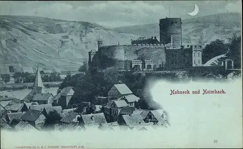 Mondschein Ak Niederheimbach am Rhein, Heimburg, Burg Hohneck