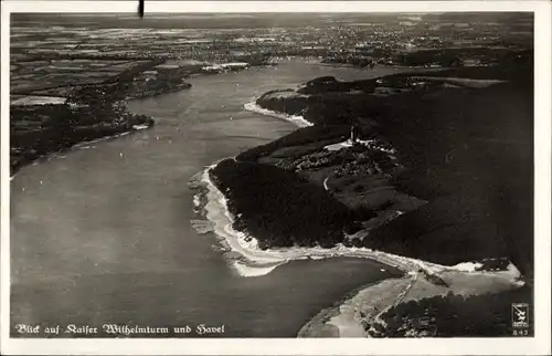 Ak Berlin Wilmersdorf Grunewald, Kaiser Wilhelms Turm und Havel, Fliegeraufnahme