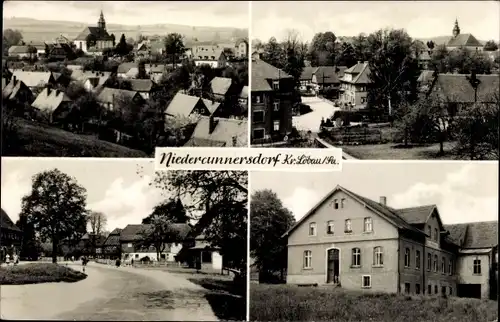 Ak Niedercunnersdorf Kottmar in der Oberlausitz, Teilansichten, Kirche, Straßenpartie, Panorama