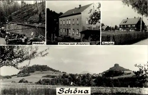 Ak Schöna Sächsische Schweiz, Panorama, Waldbad, Gasthaus zum Zirkelstein, Sportplatz