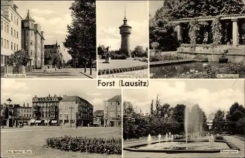 Ak Forst in der Niederlausitz, Bahnhofstraße, Wasserturm, Rosengarten, Berliner Platz