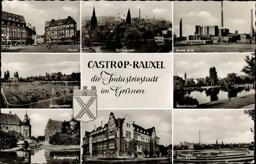 Ak Castrop Rauxel im Ruhrgebiet, Markt, Zeche Erin, Badeanstalt, Bladenhorst, Rathaus, Rennbahn