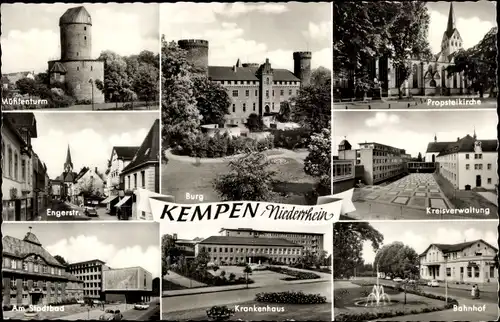 Ak Kempen am Niederrhein, Mühlenturm, Burg, Propsteikirche, Kreisverwaltung, Bahnhof, Krankenhaus