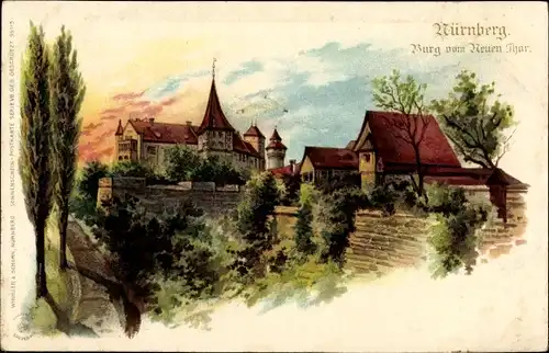 Litho Nürnberg in Mittelfranken Bayern, Burg vom neuen Tor