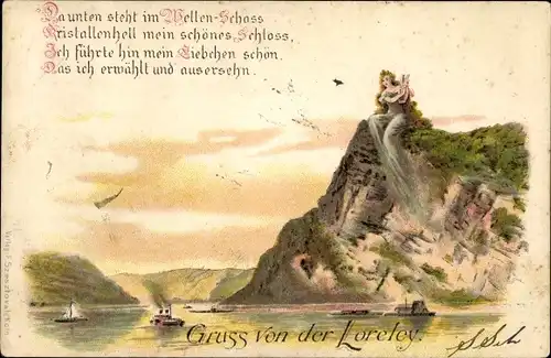 Litho Sankt Goarshausen am Rhein, Loreley, Gedicht