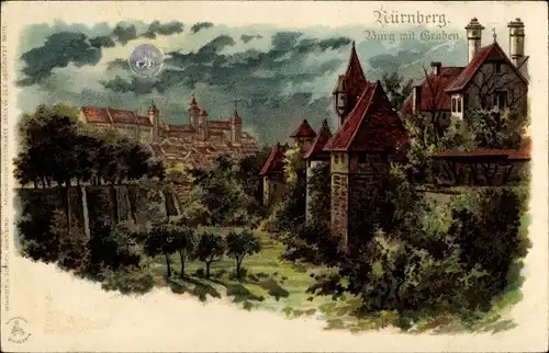 Mondschein Litho Nürnberg in Mittelfranken Bayern, Burg mit Graben