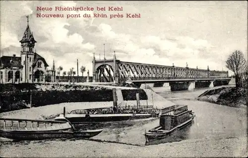 Ak Kehl Rhein, Neue Rheinbrücke, Boote am Ufer, Gebäude