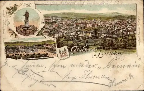 Litho Iserlohn im Märkischen Kreis, Panorama, Kaiser Wilhelm Denkmal