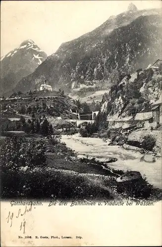 Ak Wassen Kt Uri Schweiz, Gesamtansicht, Gotthardbahn, Drei Bahnlinien, Viadukt