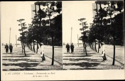 Stereo Ak Yokohama Präf. Kanagawa Japan, Strandpromenade