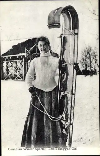 Ak Kanada, Frau mit Schlitten, Winter