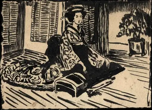 Handgemalt Ak Japan, Japanerin im Kimono