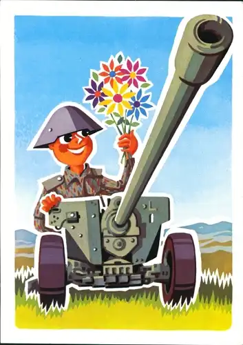Künstler Ak Bernsdorf, NVA Soldat hinter einem Geschütz, Blumenstrauß, Militärverlag der DDR, MHO