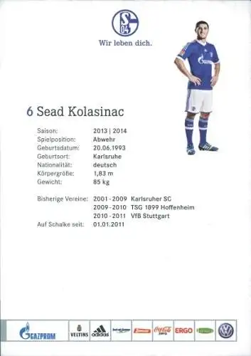 Ak Fußballspieler Sead Kolasinac, FC Schalke 04, Portrait, Autogramm
