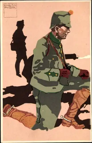 Künstler Ak Huber, E., Schweizerischer Soldat in Uniform, Felduniform, Neue Ordonnanz