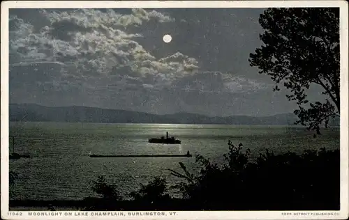Ak Burlington Vermont Vereinigte Staaten, Mondschein am Lake Champlain