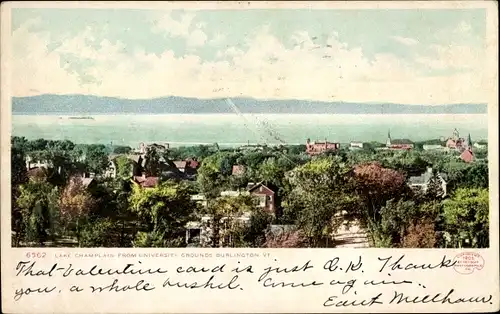 Ak Burlington Vermont USA, Lake Champlain vom Universitätsgelände