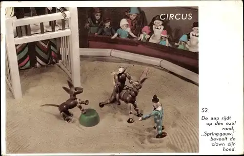 Ak Circus, De aap rijdt op den ezel rond, Spring gauw, beveelt de clown zijn hond