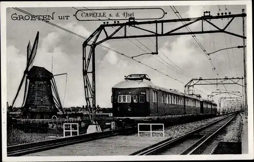 Ak Capelle aan den Ijssel Südholland Niederlande, Eisenbahn, Windmühle, Bahnschienen
