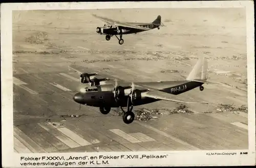 Ak Niederländische Verkehrsflugzeuge, Fokker F XXXVI, Arend, XVIII Pelikaan, KLM