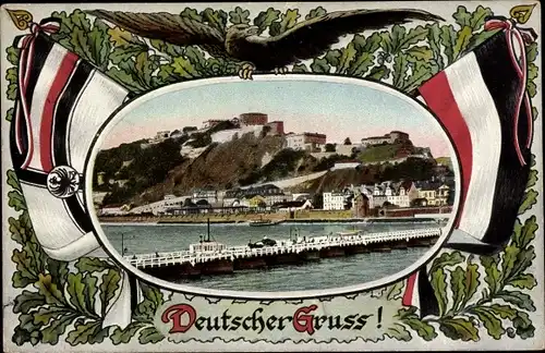 Passepartout Ak Ehrenbreitstein Koblenz am Rhein, Fahnen, Adler, Eichenlaub, Schiffbrücke