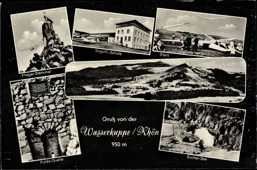 Ak Gersfeld in der Rhön Hessen, Wasserkuppe, Flieger-Denkmal, Panorama, Fulda-Quelle