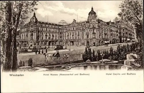 Ak Wiesbaden in Hessen, Hotel Nassau, Nassauer Hof, Badhaus, Kaiser Friedrich Denkmal, Theater