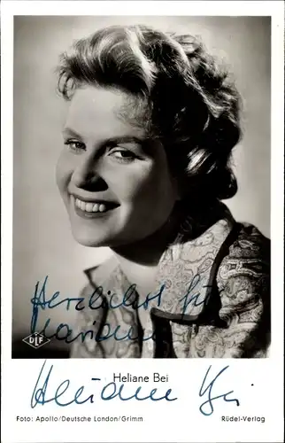 Ak Schauspielerin Heliane Bei, Portrait, Autogramm