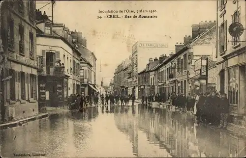 Postkarte Creil-Oise, Rue de Montataire, Überschwemmung der Oise 1910