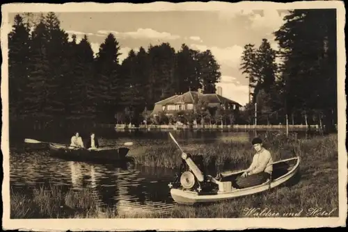 Ak Scheidegg im Allgäu Schwaben, Waldsee-Anlagen, Hotel, Ruderboote