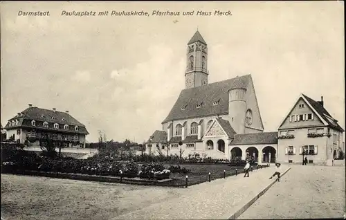 Ak Darmstadt in Hessen, Paulusplatz mit Pauluskirche, Pfarrhaus und Haus Merck