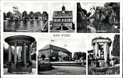 Ak Bad Vilbel in Hessen, Schwimmbad, Rathaus, Nidda, Hassia Sprudel, Friedr. Karl Sprudel