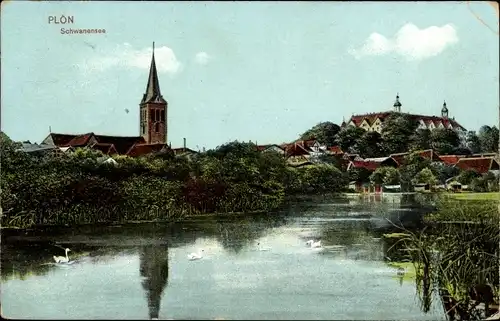 Ak Plön am See Schleswig Holstein, Schwanensee mit Stadtbild, Kirche