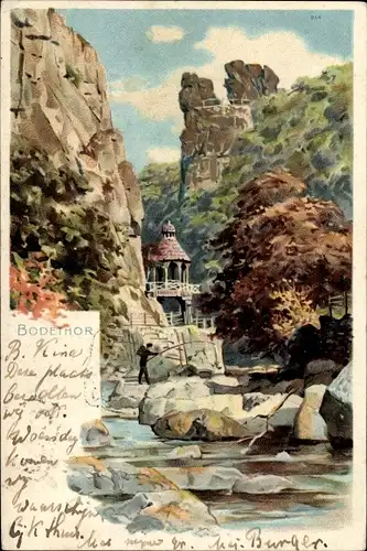 Künstler Litho Thale im Harz, Blick auf Bodetor, Felsen, Angler