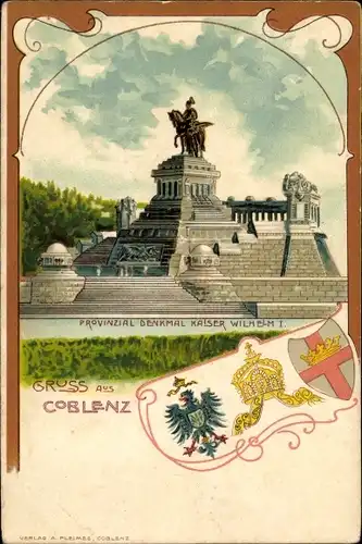 Litho Koblenz am Rhein, Kaiser Wilhelm Denkmal, Wappen