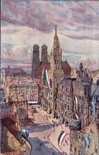 Künstler Ak München, Marienplatz gegen Rathaus und Dom, Flaggenschmuck