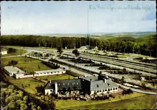 Ak Rohrbrunn Weibersbrunn Aschaffenburg, Autobahnrasthaus am Spessart, Fliegeraufnahme