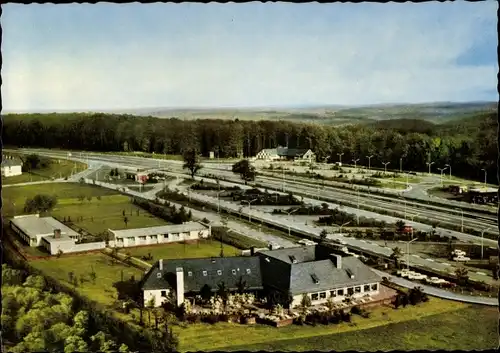 Ak Rohrbrunn Weibersbrunn Aschaffenburg, Autobahnrasthaus am Spessart, Fliegeraufnahme