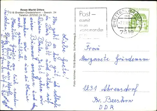 Ak Diedelsheim Bretten in Baden, Rewe-Markt Dittes, Hallenbad, Turnhalle, Neubaugebiet