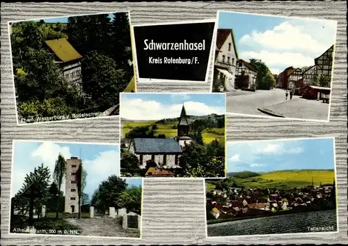Ak Schwarzenhasel Rotenburg an der Fulda, Teilansicht, Alheimerturm, Wasserburg, Fachwerkhäuser