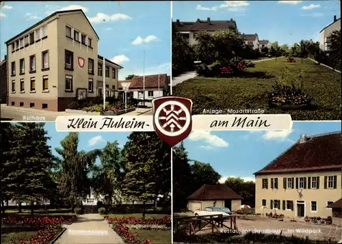 Ak Klein Auheim Hanau Hessen, Rathaus, Mozartstraße, Rosenanlage, Restaurant Jagdhaus im Wildpark