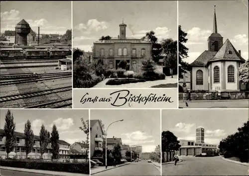 Ak Bischofsheim Mainspitze Hessen, Bahnhof, Güterzüge, Kirche, Rathaus, Teilansichten