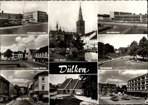 Ak Dülken Viersen, Alter Markt, Lange Straße, Evgl. Kirche, Neumarkt, Cornelius Hospital
