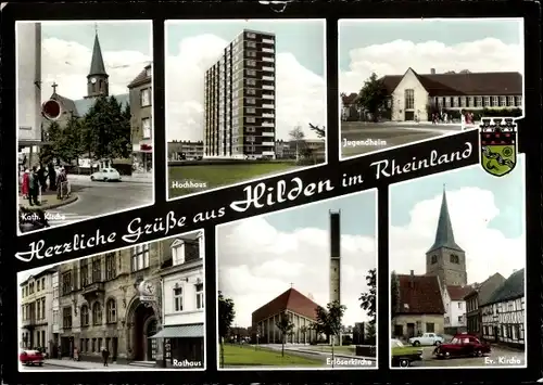 Ak Hilden im Rheinland, Jugendheim, Hochhaus, Erlöserkirche, Ev. Kirche, Kath. Kirche, Rathaus