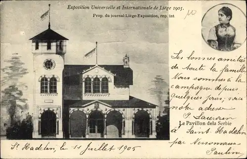 Postkarte Lüttich Lüttich Wallonien, Weltausstellung 1905, Pavillon von Serbien
