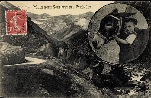 Ak Frankreich, Pyrenäen, Junge, Esel, Passstraße