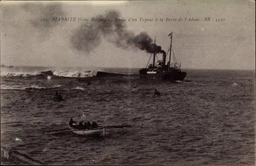 Ak Biarritz Pyrénées Atlantiques, Dampfer an der Baskischen Küste, Barre de l'Adour