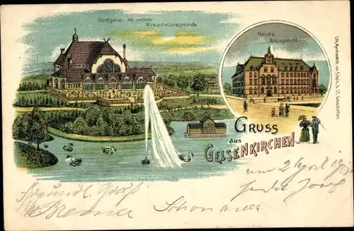 Litho Gelsenkirchen im Ruhrgebiet, Neues Amtsgericht, Stadtgarten, neues Restaurationsgebäude