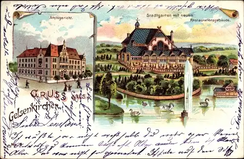 Litho Gelsenkirchen im Ruhrgebiet, Amtsgericht, Stadtgarten, Restaurationsgebäude